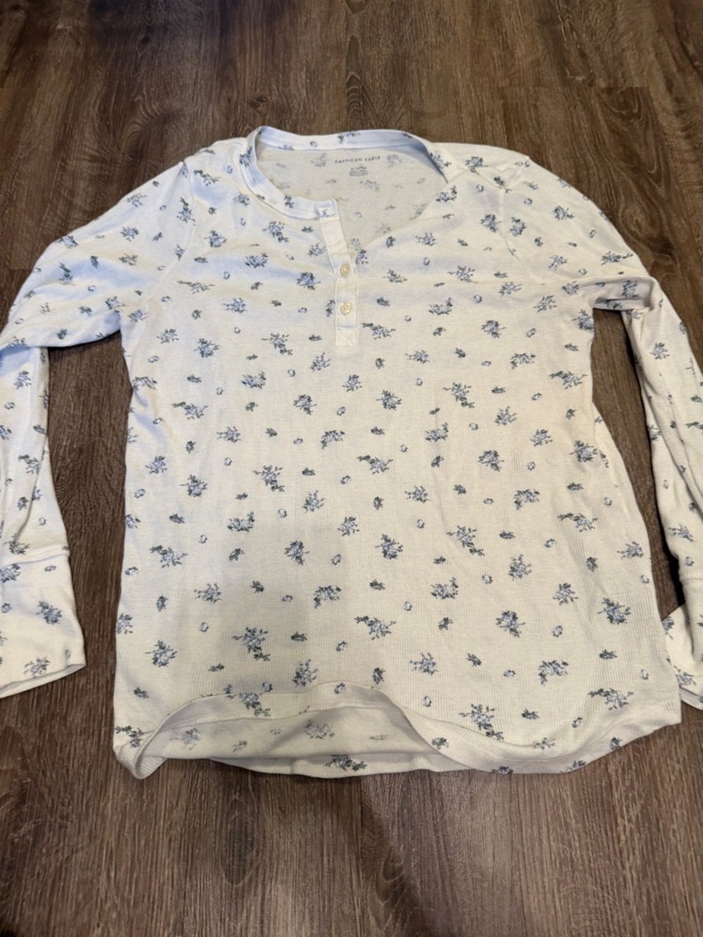 American Eagle Outfitters Cream Long-Sleeve Henley with Blue Floral Print